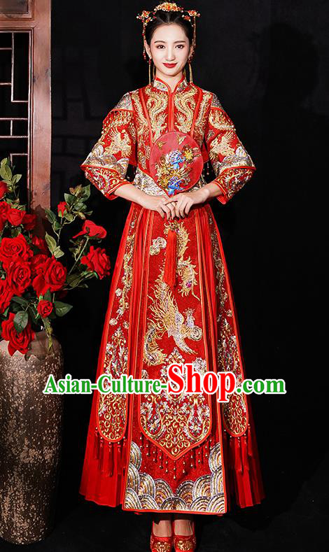 Chinese Traditional Wedding Costumes Embroidered Phoenix Xiuhe Suits Ancient Bride Red Full Dress for Women