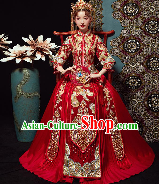 Chinese Traditional Wedding Costumes Bride Embroidered Xiuhe Suits Ancient Red Full Dress for Women