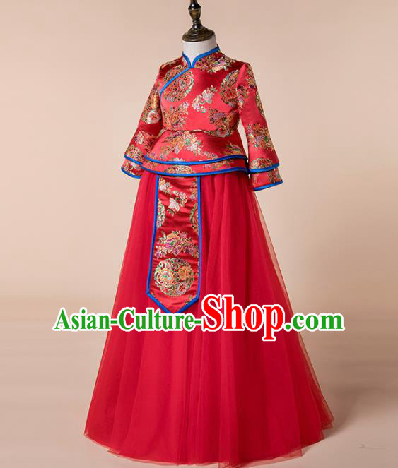 Children Catwalks Costume Chinese Girls Compere Modern Dance Red Veil Cheongsam Full Dress for Kids
