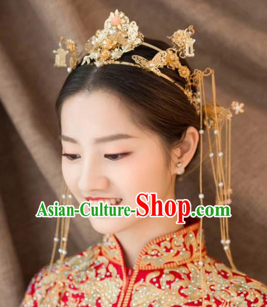 Chinese Ancient Traditional Hanfu Wedding Phoenix Coronet Hairpins Handmade Classical Hair Accessories Complete Set for Women