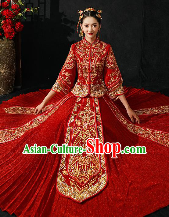 Chinese Traditional Wedding Costumes Bride Xiuhe Suits Ancient Toast Embroidered Red Full Dress for Women