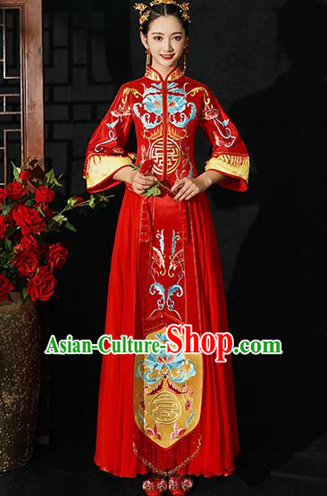 Chinese Traditional Wedding Costumes Bride Toast Xiuhe Suits Ancient Embroidered Lotus Full Dress for Women