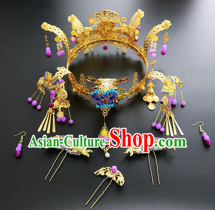 Chinese Ancient Traditional Hanfu Hairpins Blueing Phoenix Coronet Handmade Classical Hair Accessories Complete Set for Women