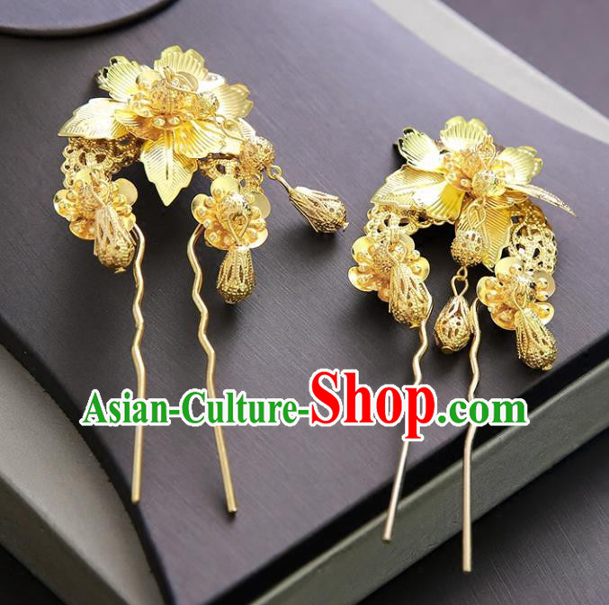 Chinese Ancient Traditional Hanfu Hairpins Handmade Bride Golden Phoenix Coronet Classical Hair Accessories for Women