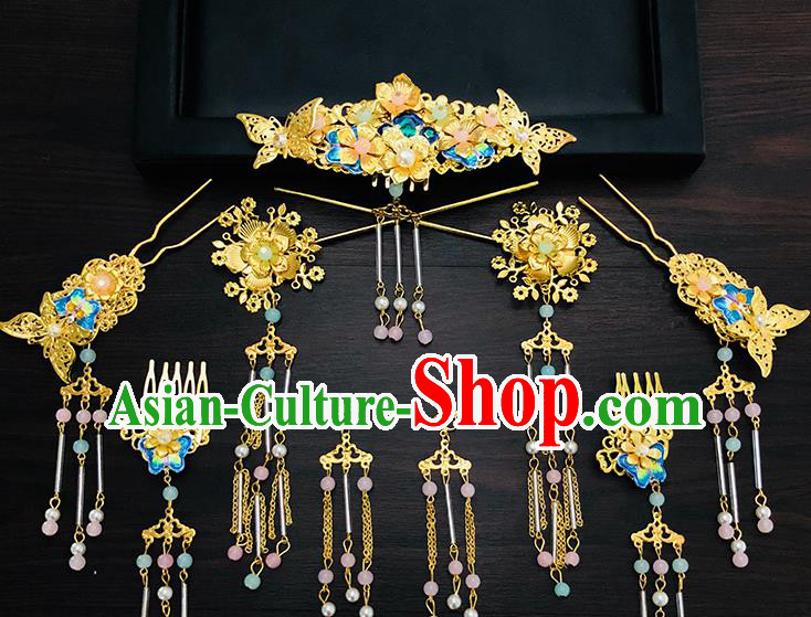Chinese Ancient Traditional Hanfu Blueing Hairpins Handmade Bride Classical Hair Accessories for Women