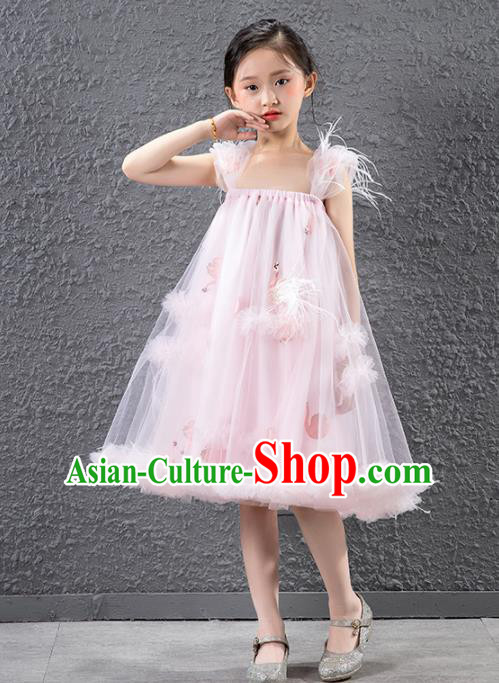 Children Stage Performance Catwalks Costume Compere Feather Full Dress for Girls Kids
