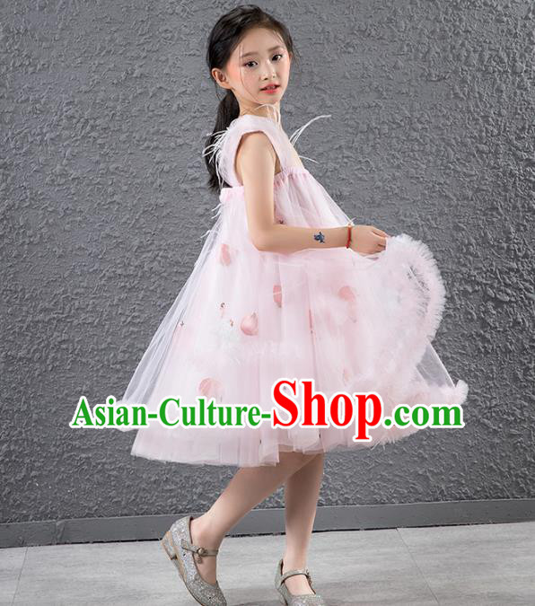 Children Stage Performance Catwalks Costume Compere Feather Full Dress for Girls Kids