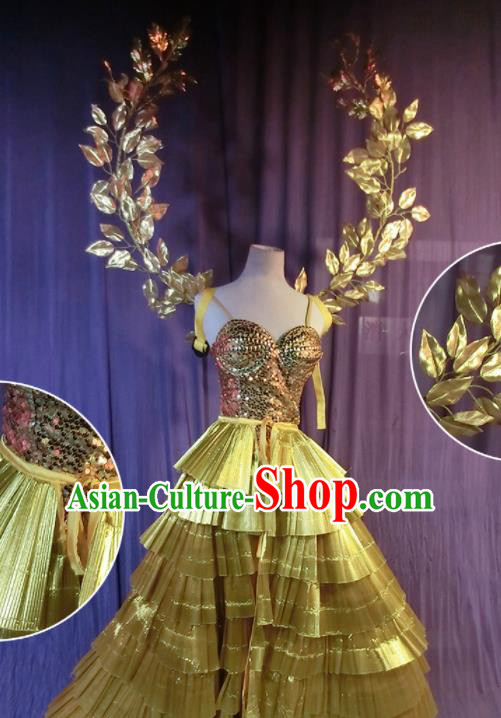 Halloween Cosplay Nun Stage Show Costumes Brazilian Carnival Parade Golden Dress and Wings for Women