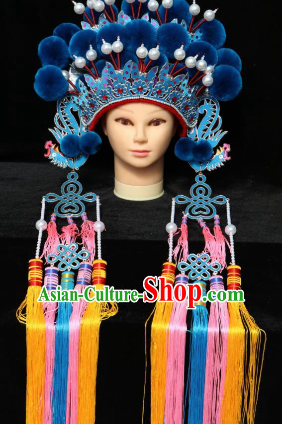 Chinese Traditional Peking Opera Phoenix Coronet Beijing Opera Diva Royalblue Venonat Headwear for Women