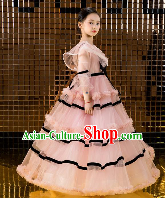 Children Catwalks Princess Costume Compere Modern Dance Pink Veil Full Dress for Girls Kids