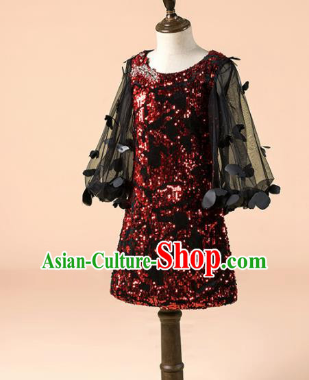 Children Catwalks Costume Girls Compere Modern Dance Wine Red Sequins Full Dress for Kids