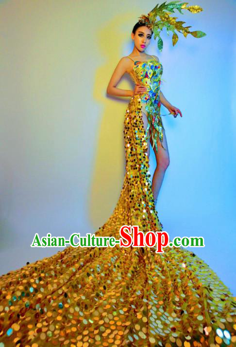 Brazilian Carnival Parade Halloween Costumes Catwalks Stage Show Golden Dress and Headwear for Women