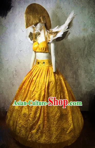 Brazilian Carnival Parade Costumes Halloween Catwalks Stage Show Yellow Dress and Headwear for Women