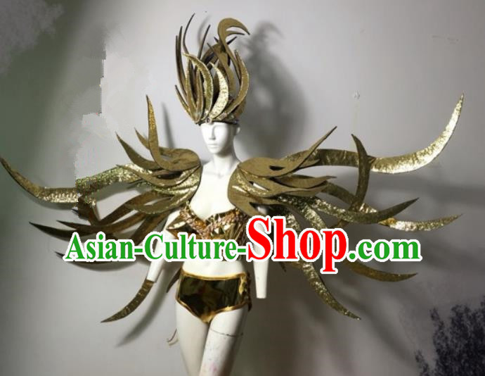 Brazilian Carnival Parade Costumes Halloween Catwalks Golden Clothing and Wings for Women