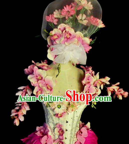 Brazilian Carnival Parade Costumes Halloween Catwalks Clothing and Pink Flowers Headwear for Women