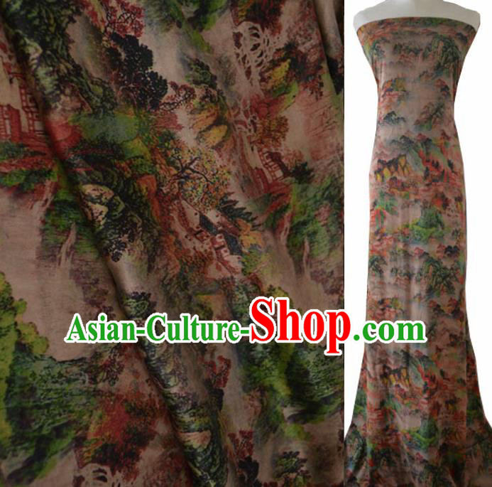 Asian Chinese Traditional Landscape Pattern Silk Design Brocade Fabric Chinese Gambiered Guangdong Gauze Material