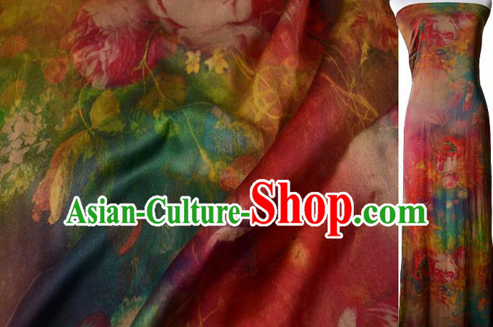 Asian Printing Red Gambiered Guangdong Gauze Material Chinese Traditional Pattern Silk Design Brocade Fabric
