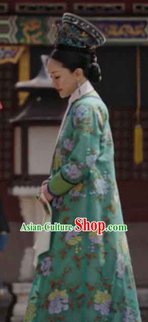 Chinese Traditional Costumes Ancient Qing Dynasty Manchu Empress Ruyi Embroidered Dresses and Headpiece Complete Set