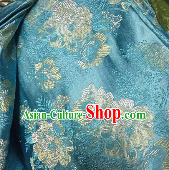 Asian Traditional Peony Pattern Design Blue Satin Material Chinese Tang Suit Brocade Silk Fabric