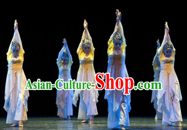 Chinese Traditional Classical Dance Group Dance Costumes Stage Performance Yellow Dress for Women