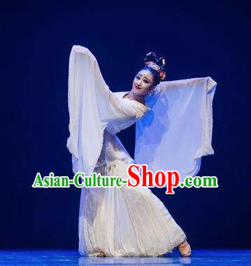 Chinese Traditional Classical Dance Group Dance Costumes Stage Performance White Dress for Women