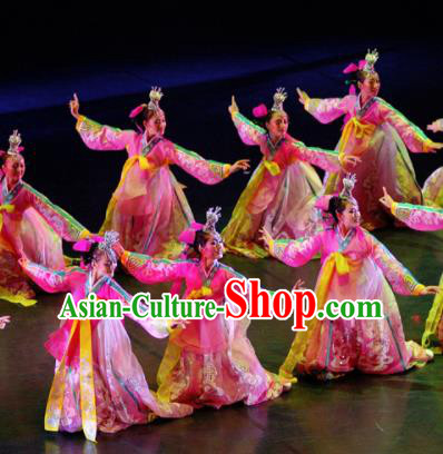 Chinese Traditional Folk Dance Group Dance Costumes Korean Nationality Stage Performance Pink Dress for Women