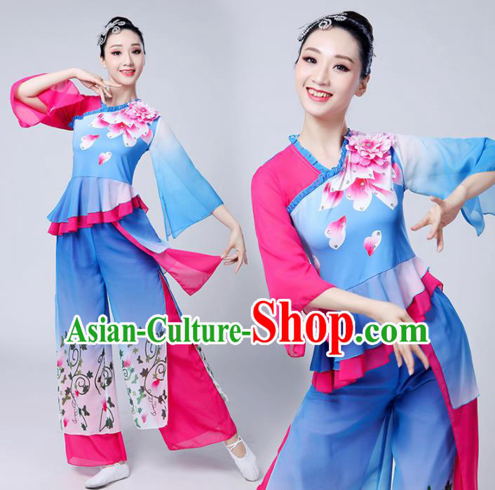 Chinese Traditional Group Dance Yangko Costumes Stage Performance Folk Dance Blue Clothing for Women