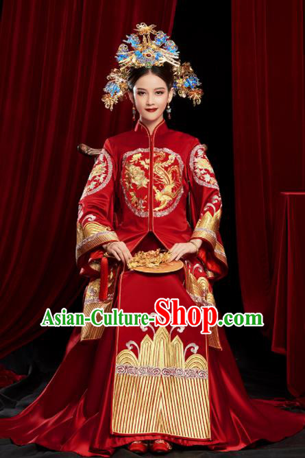 Chinese Traditional Wedding Red Xiuhe Suits Ancient Bride Toast Embroidered Costumes for Women