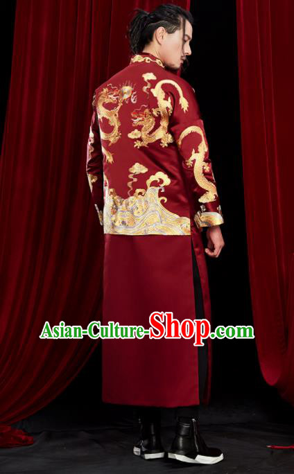 Chinese Traditional Wedding Costumes Tang Suit Bridegroom Embroidered Wine Red Clothing for Men