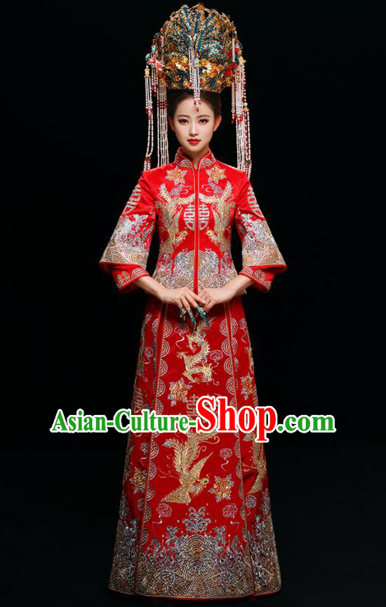 Chinese Traditional Wedding Toast Diamante Xiuhe Suits Ancient Bride Dress Embroidered Costumes for Women
