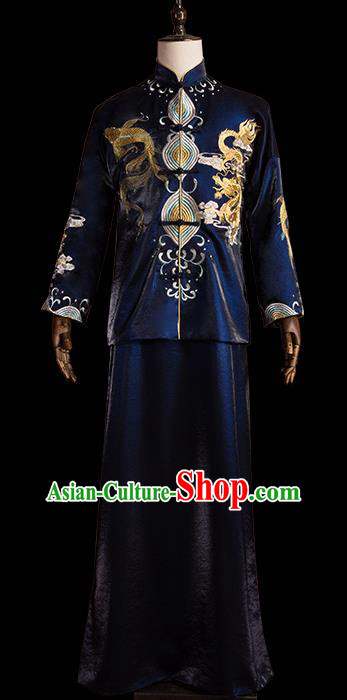 Chinese Traditional Wedding Costumes Tang Suit Bridegroom Embroidered Navy Clothing for Men