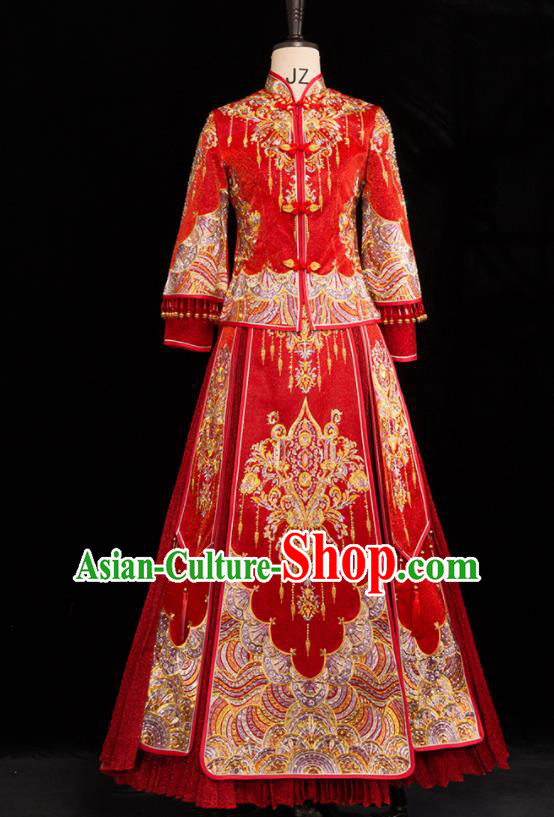 Chinese Traditional Wedding Toast Xiuhe Suits Ancient Bride Handmade Embroidered Costumes for Women