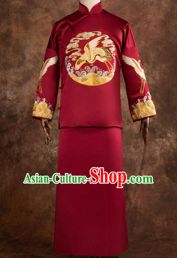 Chinese Traditional Wedding Costumes Tang Suit Bridegroom Embroidered Crane Red Long Gown for Men