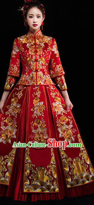 Chinese Traditional Wedding Dress Red Diamante Xiuhe Suits Ancient Bride Handmade Embroidered Peony Costumes for Women