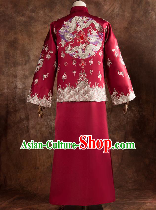 Chinese Traditional Wedding Costumes Bridegroom Embroidered Dragon Tang Suit Long Gown for Men