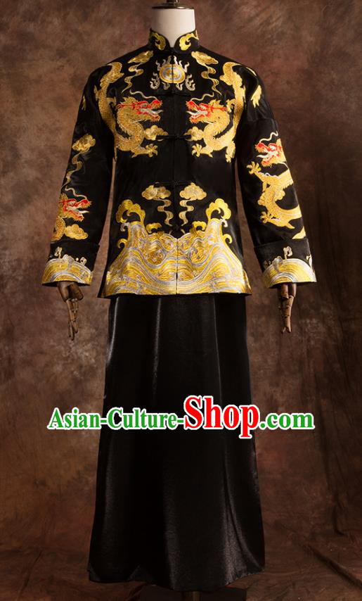 Chinese Traditional Wedding Costumes Bridegroom Embroidered Dragon Tang Suit Black Gown for Men