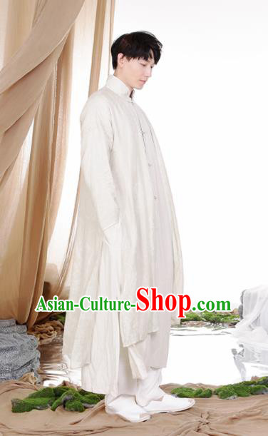 Chinese Traditional Tang Suit Costumes National White Linen Overcoat for Men
