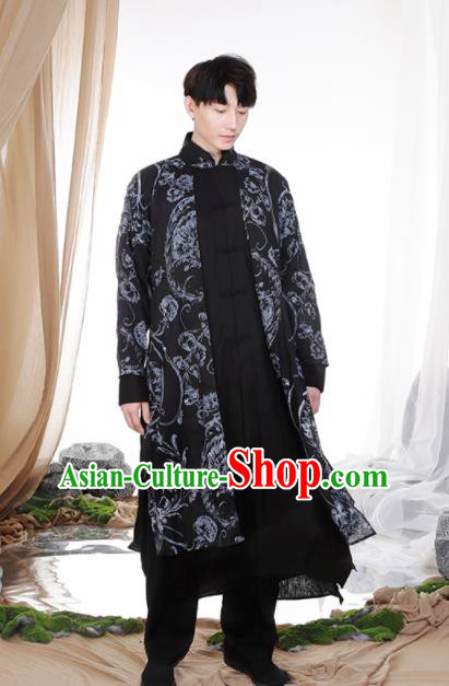 Chinese Traditional Tang Suit Costumes National Navy Linen Overcoat for Men