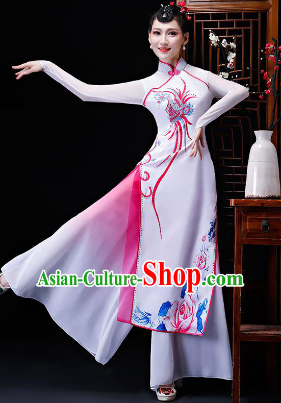 Chinese Traditional Classical Dance Costumes Umbrella Dance Group Dance White Dress for Women
