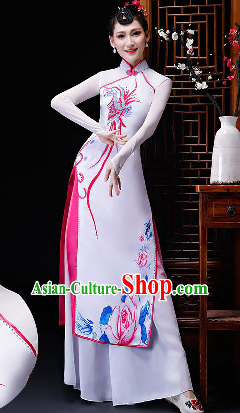 Chinese Traditional Classical Dance Costumes Umbrella Dance Group Dance White Dress for Women