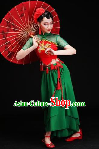 Chinese Traditional Folk Dance Costumes Drum Dance Group Dance Green Dress for Men