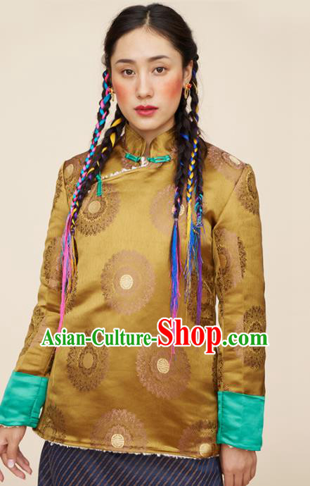 Traditional Chinese Zang Nationality Dance Costumes Tibetan Ethnic Folk Dance Golden Overcoat for Women