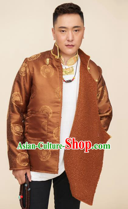 Traditional Chinese Zang Nationality Dance Costumes Tibetan Folk Dance Ethnic Brown Coat for Men
