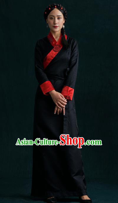 Traditional Chinese Zang Nationality Dance Costumes Black Tibetan Robe Ethnic Folk Dance Dress for Women