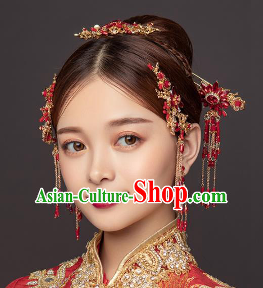 Chinese Ancient Wedding Hair Accessories Bride Red Tassel Hairpins Headwear for Women