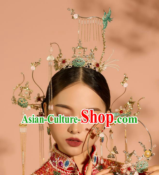 Chinese Ancient Wedding Hair Accessories Palace Phoenix Coronet Bride Hairpins Headwear for Women