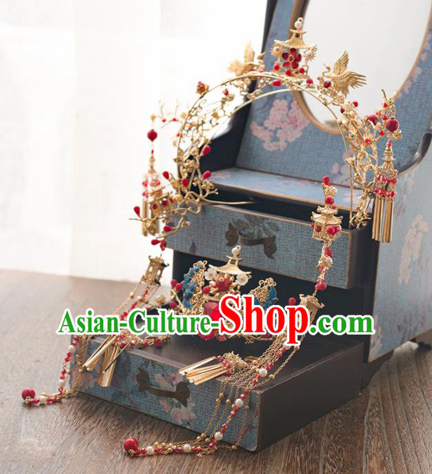 Chinese Ancient Wedding Hair Accessories Palace Cranes Phoenix Coronet Bride Hairpins Headwear for Women