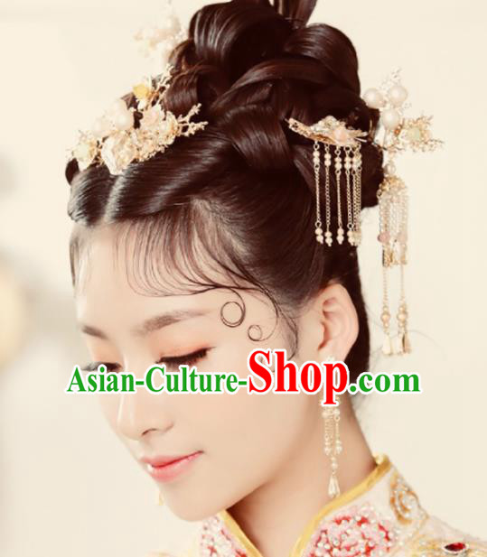 Chinese Ancient Wedding Hair Accessories Pearls Tassel Step Shake Bride Hairpins Headwear for Women