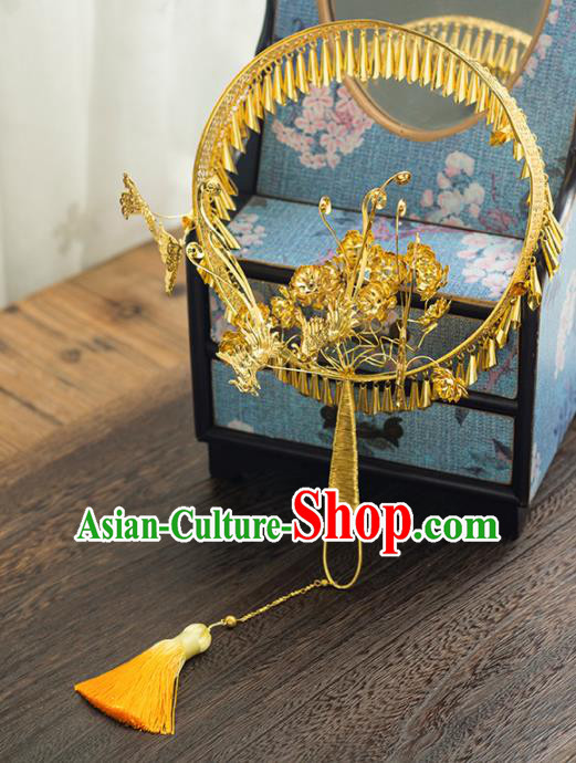 Chinese Ancient Wedding Accessories Bride Handmade Round Fans Golden Palace Fans for Women