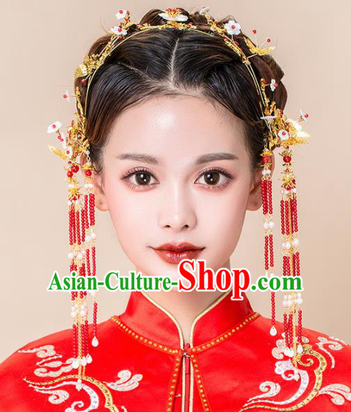 Chinese Ancient Wedding Hair Accessories Red Beads Tassel Phoenix Coronet Bride Hairpins Headwear for Women